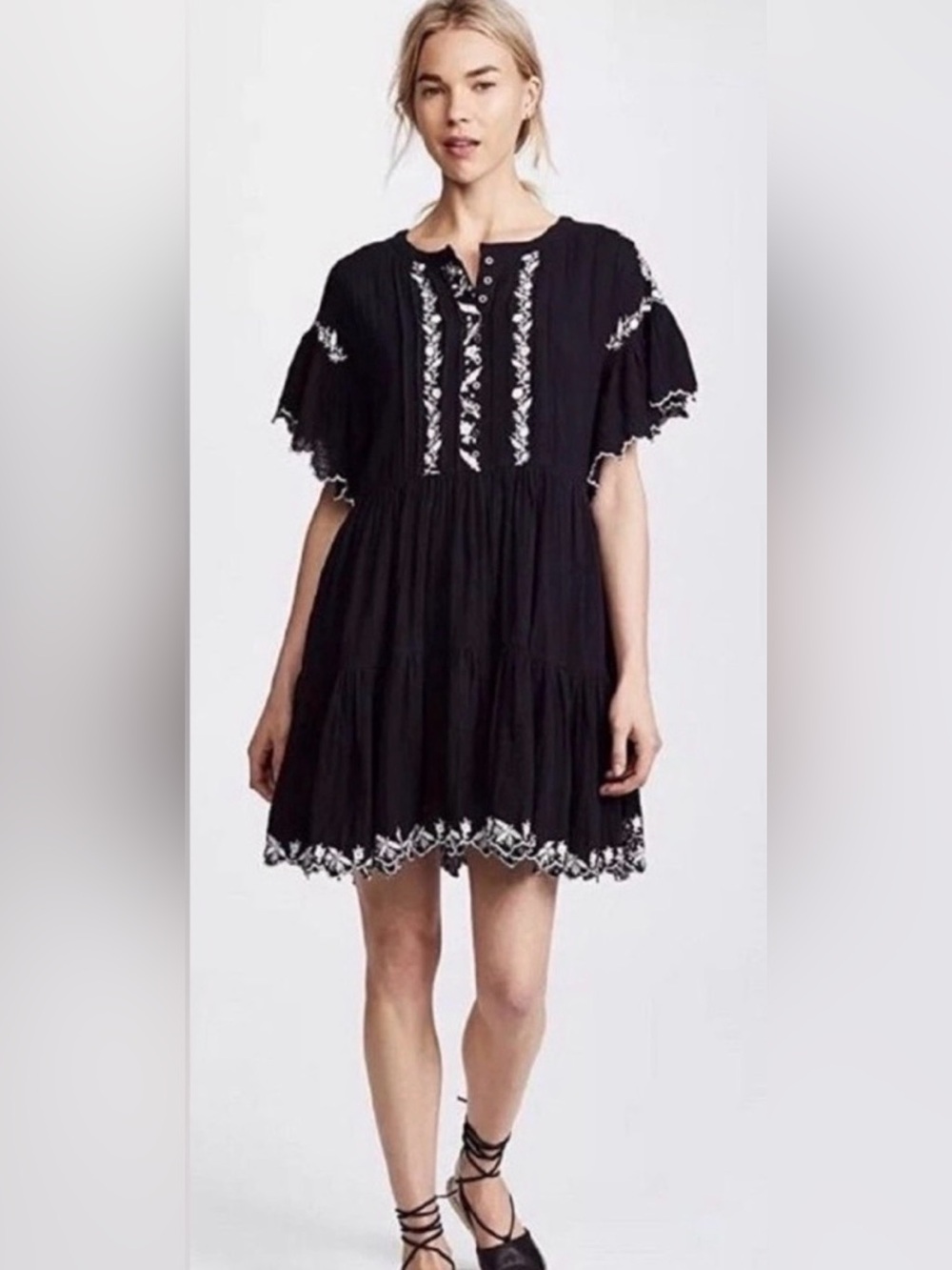 Free People black Embroidered Tiered Mini Dress